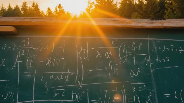 Sunlight shining on classroom chalkboard with math formulas