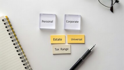 Colorful blocks labeled personal and corporate alongside tax-related terms estate and universal on a white background