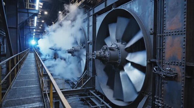 Industrial Ventilation System Massive Fans Venting Steam in Dark Factory.