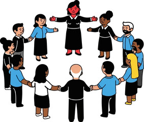Diverse group of cartoon people holding hands in a circle around a welcoming central figure, unity concept