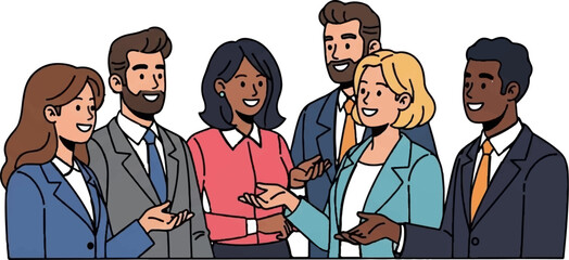 Diverse group of six smiling business professionals in formal attire engaged in conversation, gesturing. White background