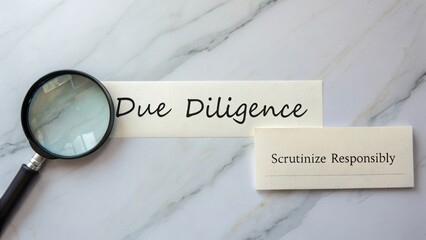 Concepts of Due Diligence and Responsible Scrutiny on a Marble Surface with Magnifying Glass Accents
