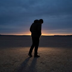 Silhouette of a Person Wandering Through a Desolate Salt Flat at Twilight in the Dark Wilderness