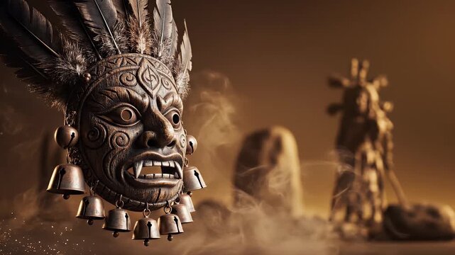 Kukeri rituals background with ornate Bulgarian mask, feathers, bells and carved patterns