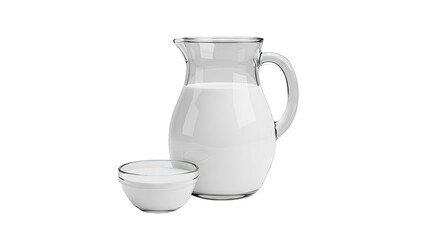 Glass pitcher and bowl filled with fresh milk on a white background
