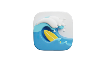 3D Icon of a Yellow Surfboard Riding a Blue Wave