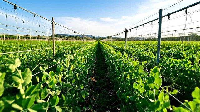 Lush, green rows of cultivated pea plants growing under the support structures, framed against a blue sky