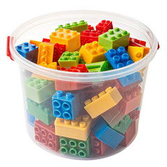 Fototapeta premium A plastic bucket filled with colorful building blocks for creative play and learning