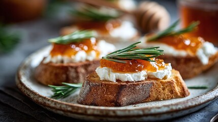 Artisan toast with creamy cheese, apricot jam, and rosemary sprig. A gourmet appetizer showcasing simple elegance and fresh flavors. Perfect for a brunch spread!