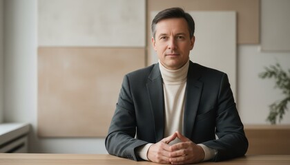 Professional Middle-Aged Businessman in Charcoal Blazer and Cream Turtleneck Sitting at Office Desk