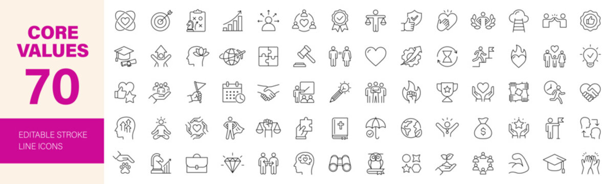 Core values icon set. Editable line icons. Vector illustration.