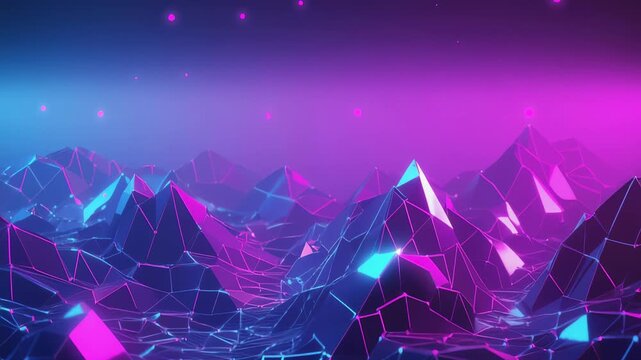 Magenta and blue low poly mountains with moving grid lights