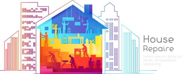 House repair concept. Layered vector illustration of  men at household work or troubleshooting professional service workers
