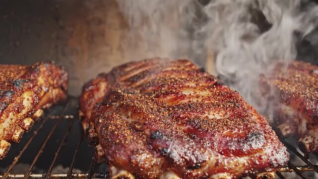 Grilled Ribs Cooking on Barbecue Grill.