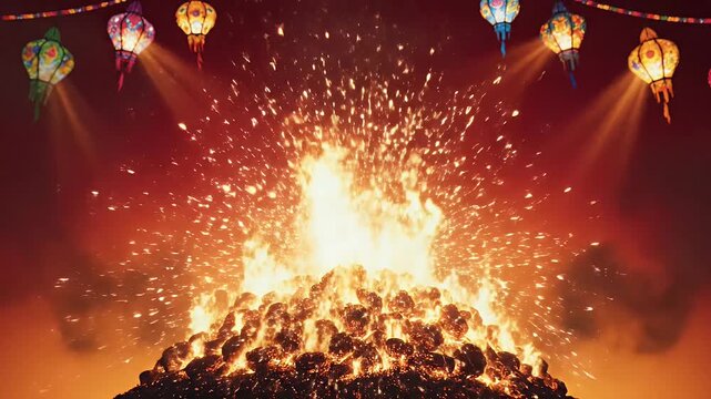 Las Fallas Valencia festival banner with fire sparks, glowing lanterns and dramatic night ambience