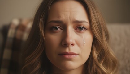 Close-up Shot of a Sad Distressed Woman with Visible Tears on Her Cheek and Heartbroken Expression