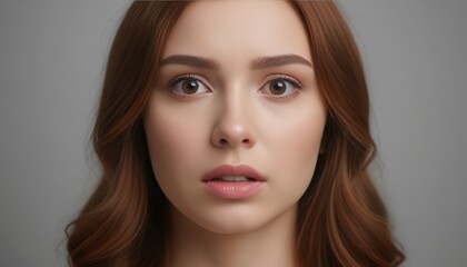 Stunning Studio Portrait of a Shocked Redhead Woman with Flawless Skin and Open Mouth