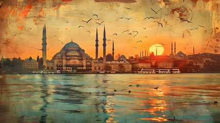 Obraz premium Vintage turkey postcard featuring istanbul skyline with hagia sophia at sunset