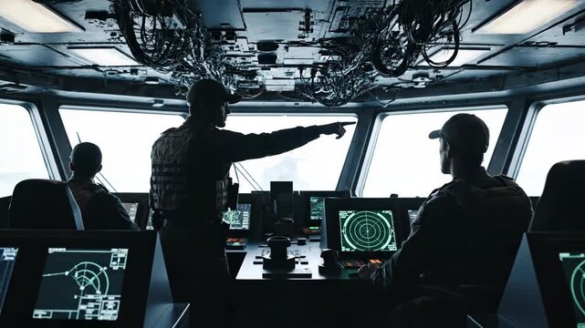 Military personnel in tactical gear operate advanced radar and navigation systems inside the dimly lit bridge of a modern naval vessel at sea
