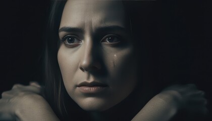 Close-up of a devastated woman with tears and a sorrowful expression in dramatic low light.