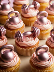 Cupcakes with buttercream and marzipan dumbbells and kettlebells. Unhealthy choice for weight loss. Pastel colors. Obesity, contradiction, wrong choices, nutrition, carbohydrates, sugar concept.	
