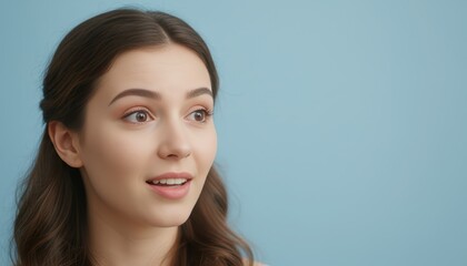 Young Brunette Woman with Surprised Expression and Curious Look Against Blue Background Portrait