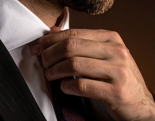 Close-up of a man adjusting his tie and shirt collar
