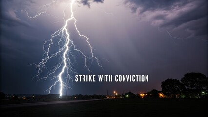 Electric lightning strike illuminates dark storm clouds over landscape