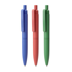 Three colorful ballpoint pens in a row on transparent background