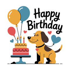 Obraz premium Happy dog celebrates a birthday next to a tiered cake and balloons.