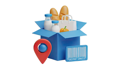3D rendering of grocery delivery box with map pin and barcode