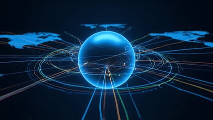 Global digital network visualization luminous sphere radiating data streams, symbolizing worldwide information flow, communication, and technological connectivity - Powered by Adobe
