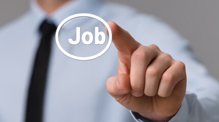 Person&rsquo;s hand, Job search and personnel selection, candidate selection, innovation, Businessman Pointing at Virtual Magnifying Glass with the Word Job - Job Search Concept.