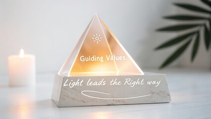 Illuminated Pyramid Symbol of Guidance Values with Soft Candlelight and Natural Greenery Background