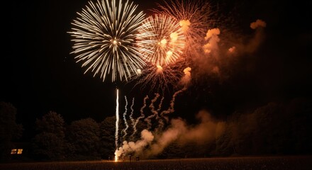 Dramatic golden fireworks exploding against a dark night sky over an open field.