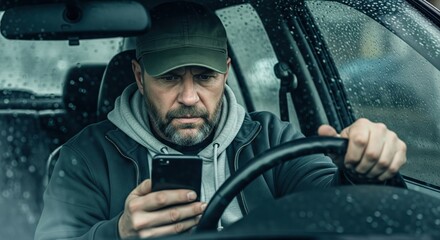 Focused shot of a man texting on a smartphone while driving a car in the pouring rain.