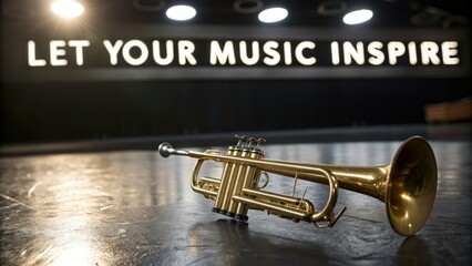Golden Trumpet Resting Near Illuminated 'Your Music Is' Sign