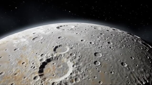 Close up view of the textured surface of the Moon with craters in space.