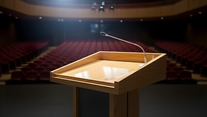 A wooden podium with a microphone stands center stage in an empty auditorium ready for a presentation