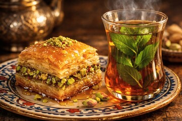 Traditional Middle Eastern dessert of baklava and a glass of mint tea on a decorative plate