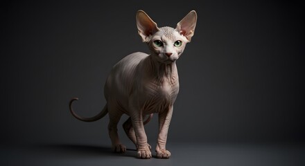 Sphynx Cat with Green Eyes Standing in Studio Lighting on Dark Background