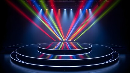 Modern circular stage illuminated by vibrant multi-colored spotlights and reflections
