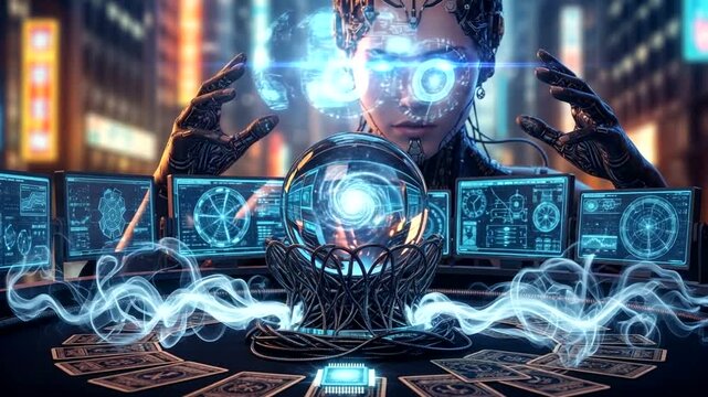 Futuristic fortune teller with holographic displays