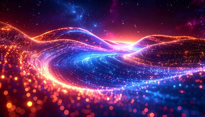 Obraz premium Digital flow landscape with neon streams and celestial backdrop