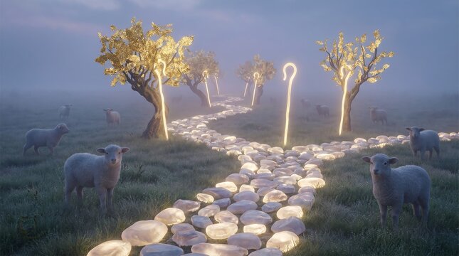 A shepherd's path winding through green pastures and alongside still waters, symbolizing Jesus the Good Shepherd's loving guidance.