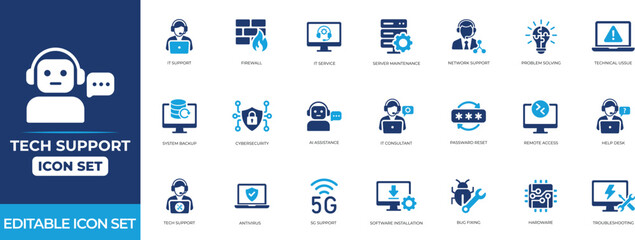 Tech support icon set for IT helpdesk, customer service and repair. Minimalist vector symbols for troubleshooting, assistance and digital tools. 