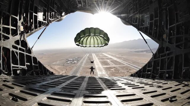 Paratrooper jumps from the open ramp of a military transport aircraft over a desert airfield with mountains in the distance during bright sunlight