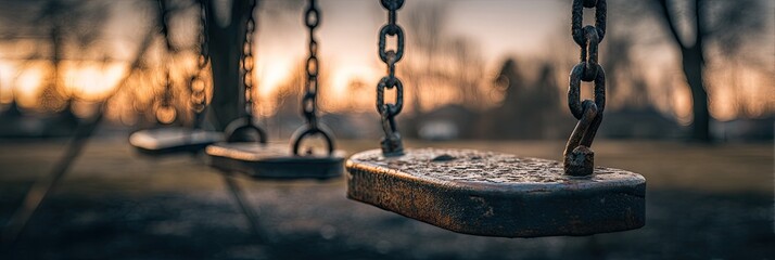 Rusty swings at sunset