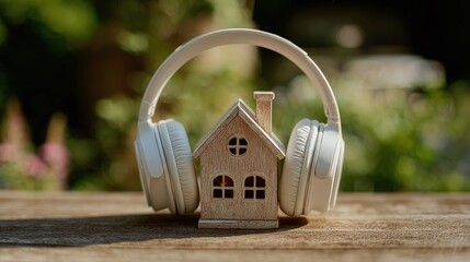 Charming miniature house embraced by headphones on a sunlit wooden surface, backed by soft greenery. A symbol of relaxation and home comfort, creating a serene moment.