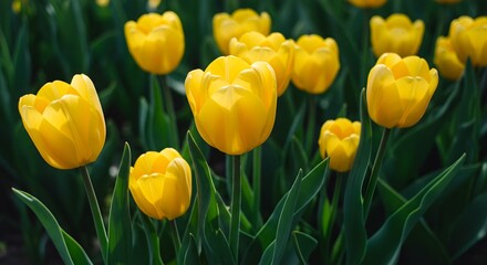 Fototapeta premium Bright Yellow Tulips Blooming in Garden with Green Leaves and Natural Light